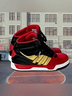 Child Size 11 Adidas EVM Black, Red & Gold High-Top Sneakers
